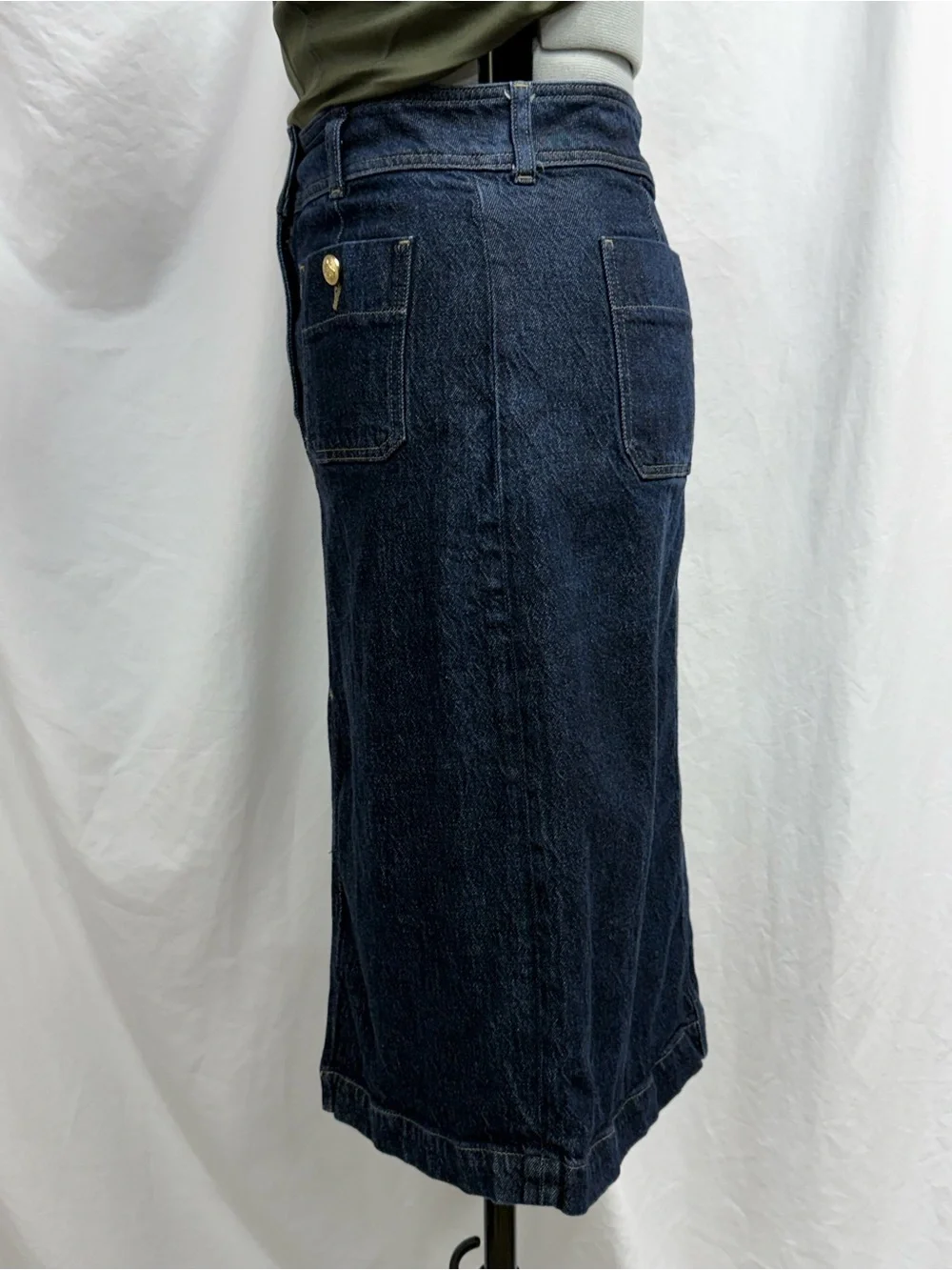 Dark Blue Denim Midi Skirt with Front Pockets